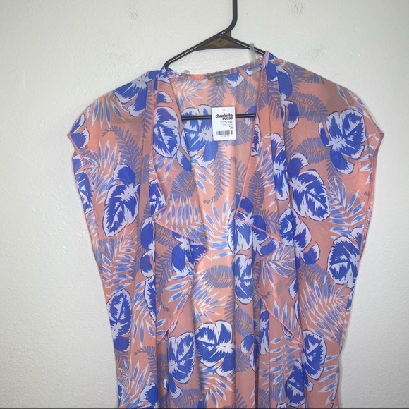 NWT Charlotte Russe Pink Blue Tropical Floral Sheer Kimono Medium - Picture 2 of 10